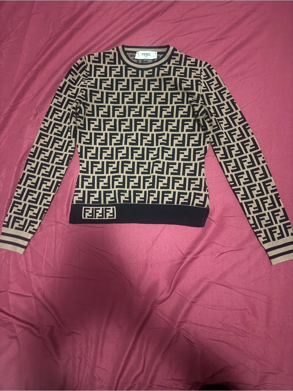 Fendi Beige and Black FF Logo Jacquard Crew Sweater
